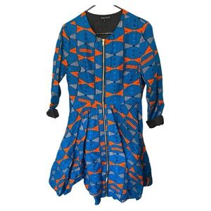 Vibrant Blue and Orange Trench Coat with Geometric Design